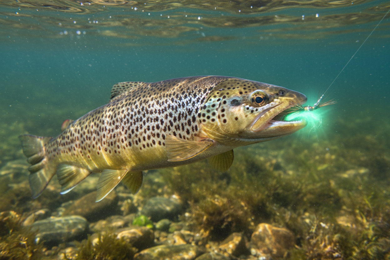 brown trout being caught with a glowing fly flishing fly